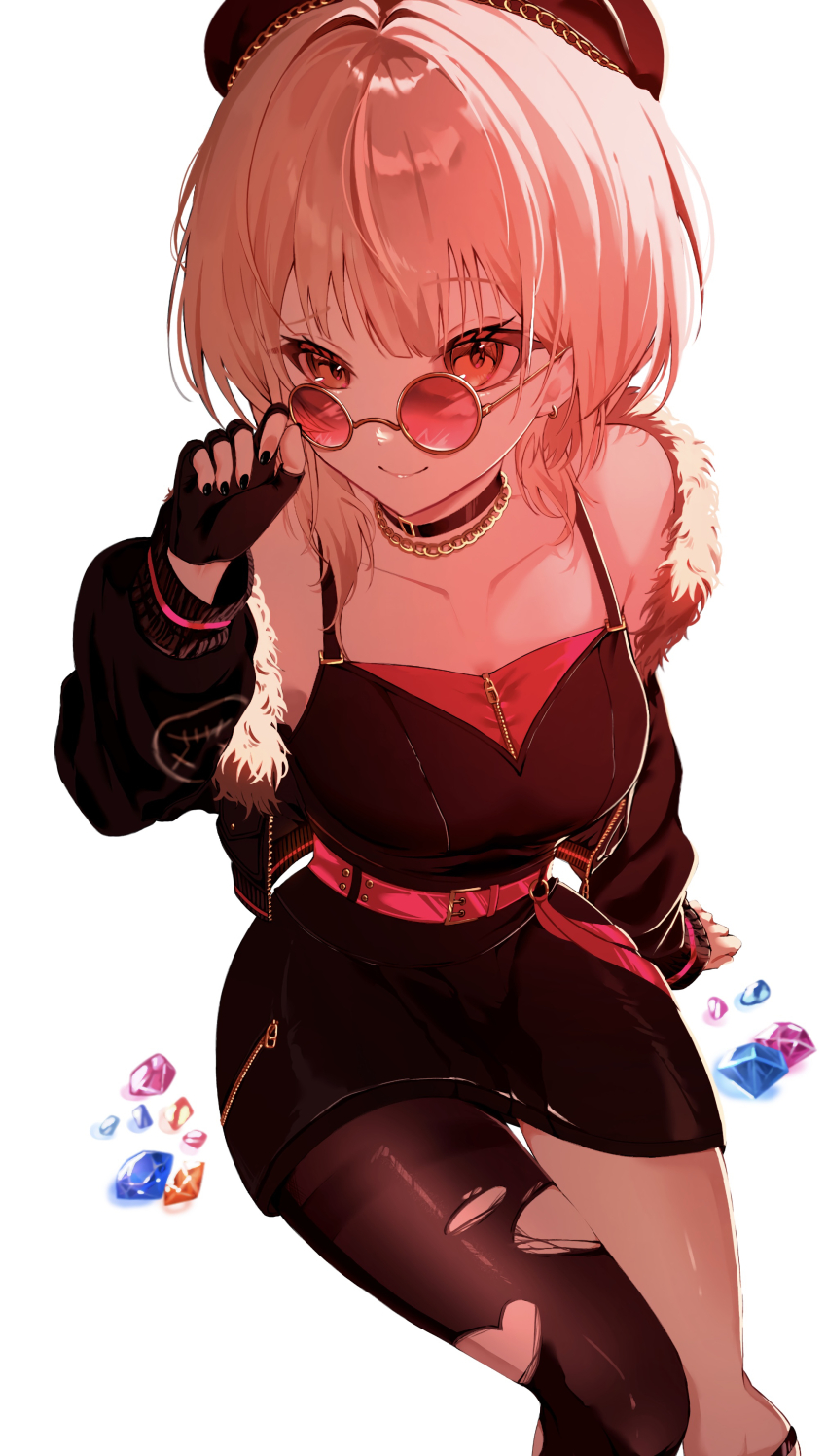 1girl, absurdres, adjusting_eyewear, azusawa_kohane, bare_shoulders, belt, black_dress, black_gloves, black_jacket, breasts, choker, collarbone, commentary_request, dress, fingerless_gloves, fur_trim, gloves, hand_on_eyewear, hat, highres, jacket, jewelry, long_sleeves, looking_at_viewer, looking_over_eyewear, medium_breasts, nail_polish, off_shoulder, pantyhose, project_sekai, red-tinted_eyewear, red_eyes, round_eyewear, short_hair, simple_background, sitting, smile, solo, sunglasses, tinted_eyewear, torn_clothes, user_jfcr4473, virtual_youtuber, white_background