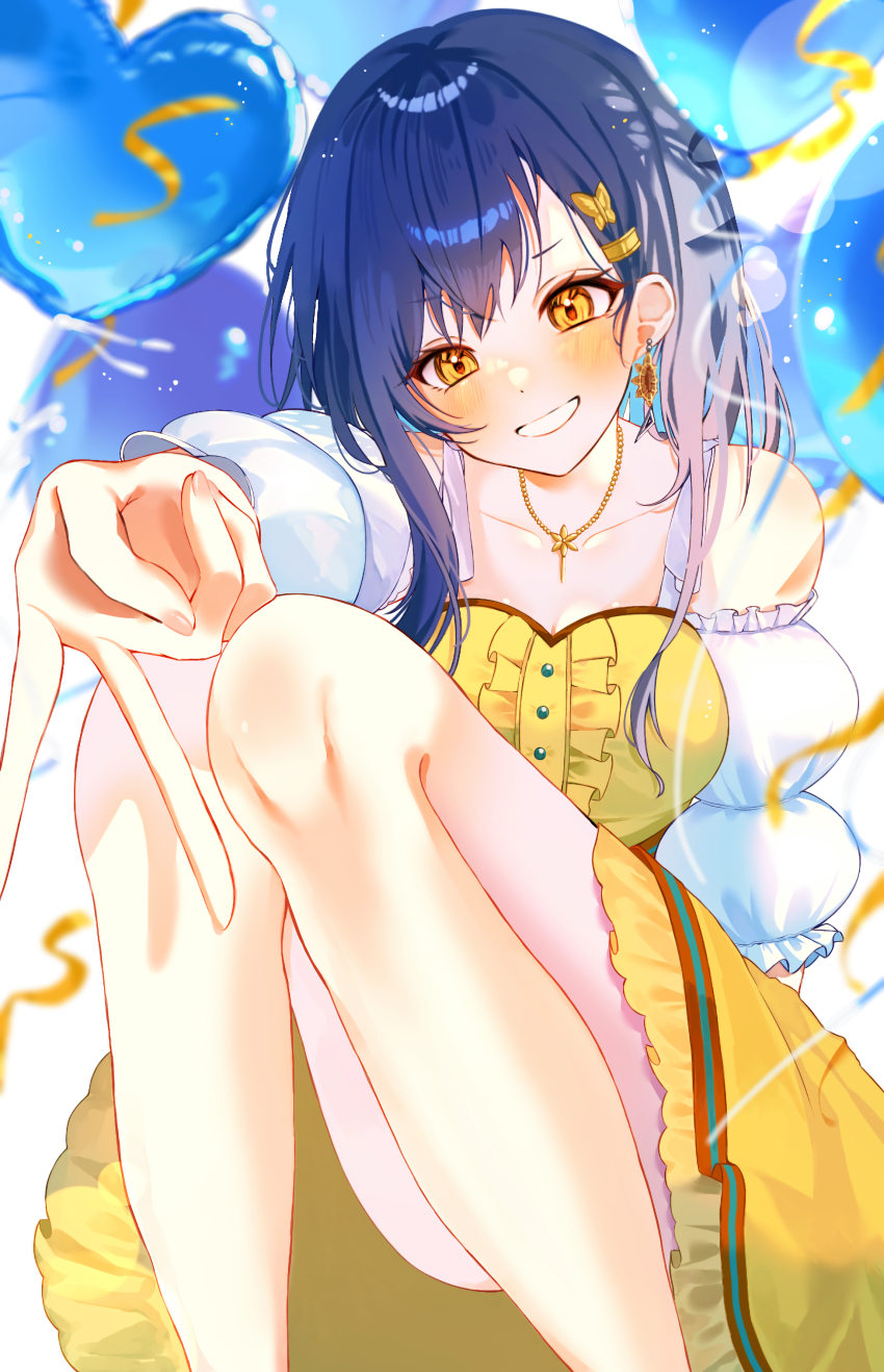 1girl, absurdres, balloon, bare_legs, bare_shoulders, blue_hair, blurry, blush