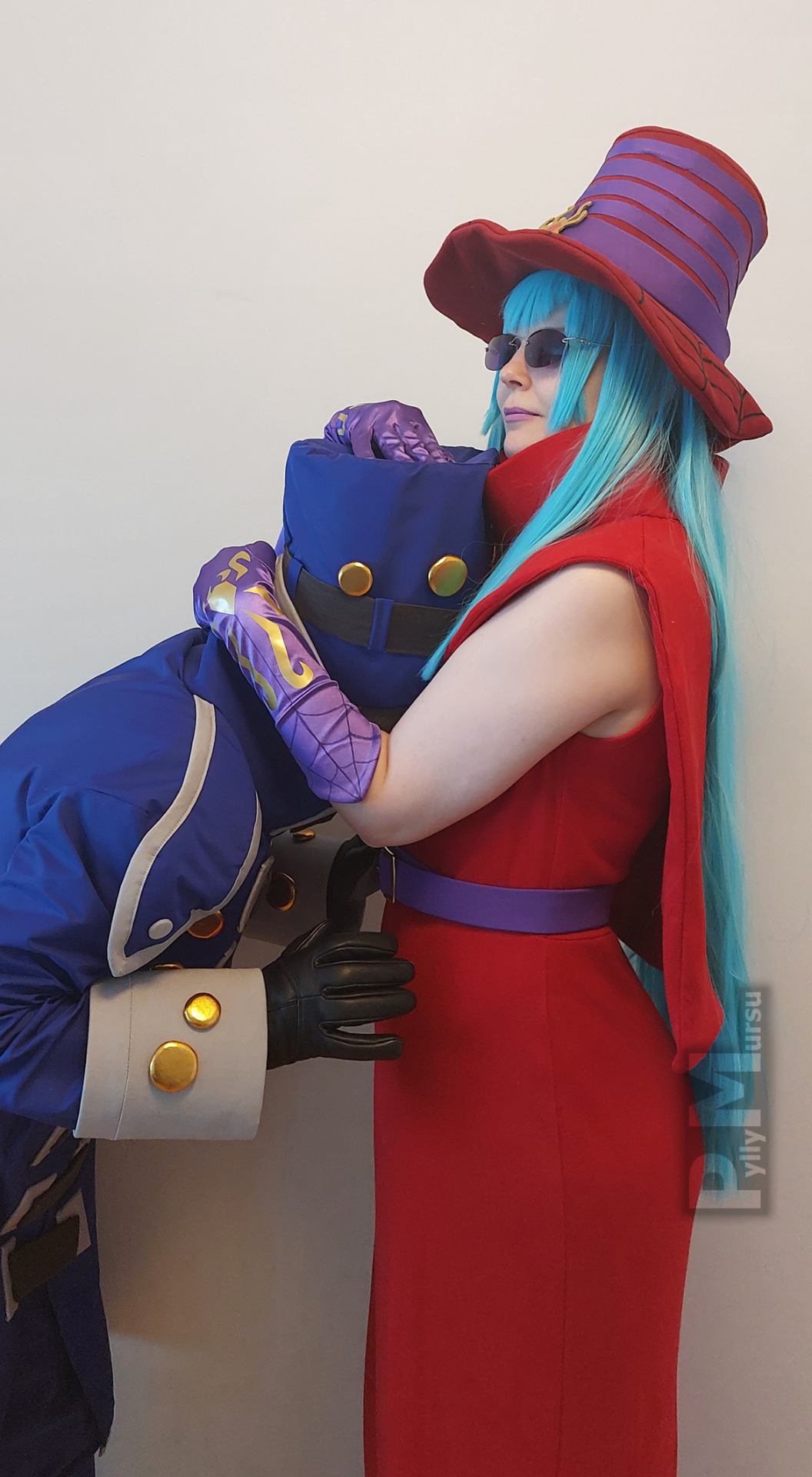 archnemon, archnemon_(cosplay), belt, blue_hair, cosplay, digimon, digimon_(creature), glasses
