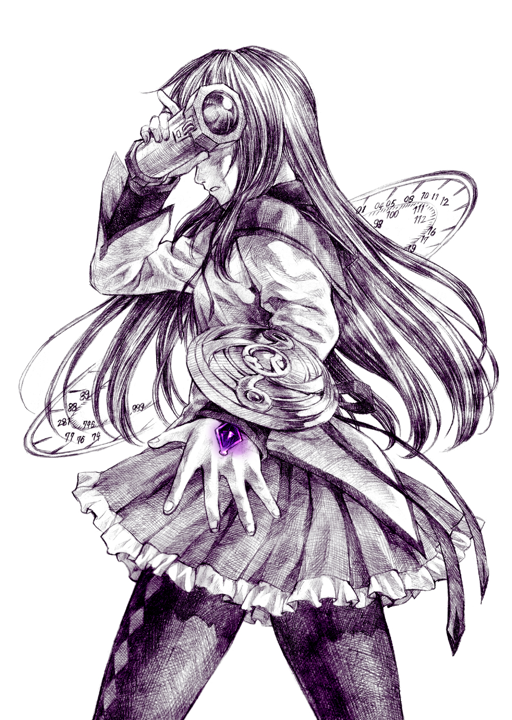 10s, 1girl, akemi_homura, akemi_homura_(magical_girl), black_hair, female_focus, graphite_(medium), highres, long_hair, magical_girl, mahou_shoujo_madoka_magica, mahou_shoujo_madoka_magica_(anime), mandeid, monochrome, pantyhose, pizza_man, shield, skirt, solo, traditional_media, weapon