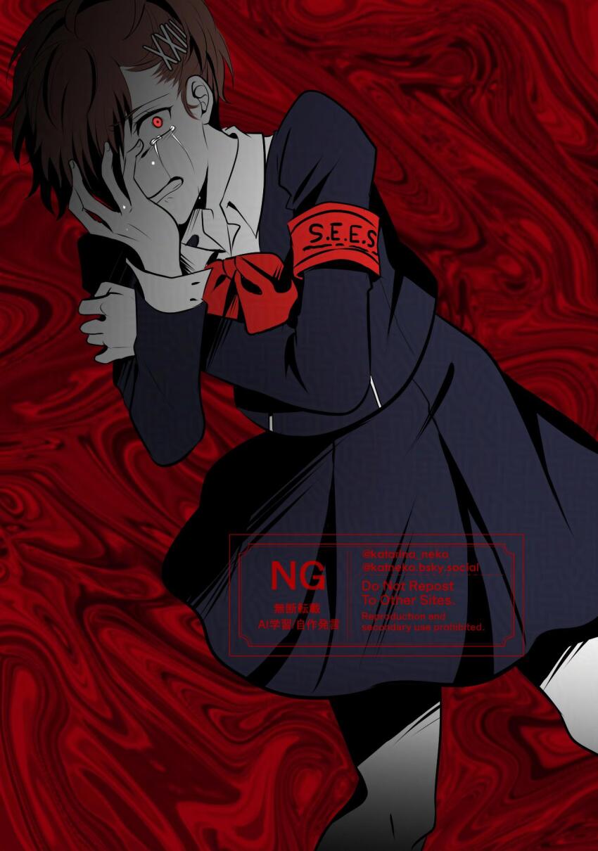 1girl, armband, black_jacket, black_skirt, bow, bowtie, brown_hair, commentary