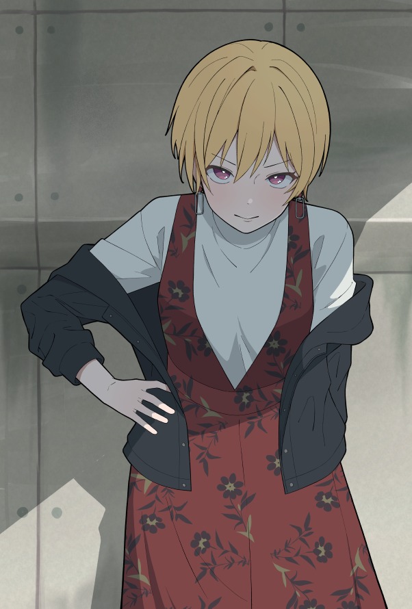 1girl, against_wall, black_jacket, blonde_hair, blush, breasts, closed_mouth, commentary