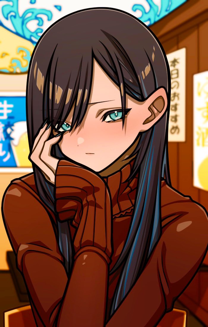 1girl, ado_(utaite), black_hair, blue_eyes, blue_hair, brown_sweater, chando_(ado), closed_mouth