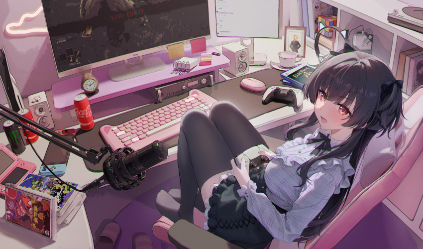 1girl, :o, absurdres, black_hair, black_ribbon, black_skirt, black_thighhighs, blush