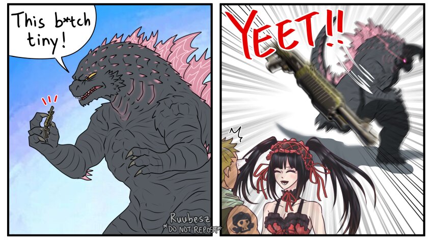 1girl, 2boys, absurdres, black_choker, black_dress, black_hair, breasts, character_request, choker, cleavage, closed_eyes, crossover, date_a_live, dress, dual-mode_shotgun, english_text, fortnite, godzilla, godzilla_(monsterverse), godzilla_(series), godzilla_evolved, godzilla_x_kong:_the_new_empire, gun, highres, holding, holding_gun, holding_weapon, kaiju, king_kong_(series), legendary_pictures, lizard, long_hair, meme, monsterverse, multiple_boys, multiple_crossover, pump-action_shotgun, pump_action, ruubesz, scarf, semi-automatic_shotgun, short_hair, shotgun, shoulder_tattoo, sleeveless, sleeveless_dress, spas-12, tattoo, toho, tokisaki_kurumi, twintails, two-tone_dress, weapon, yeet_(meme)