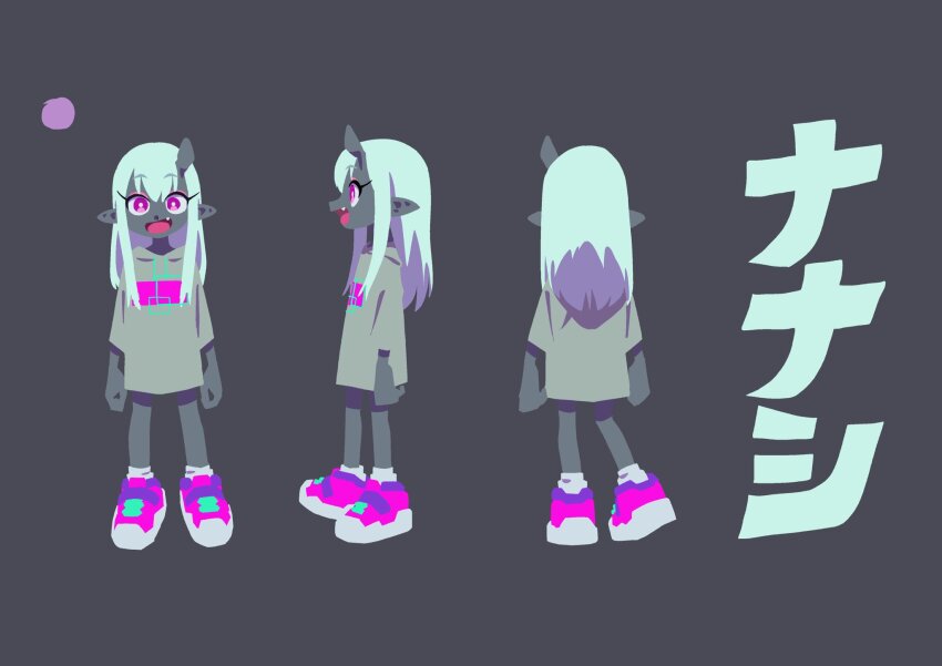 1girl, :d, arms_at_sides, character_name, colored_skin, concept_art, demon_girl, demon_horns