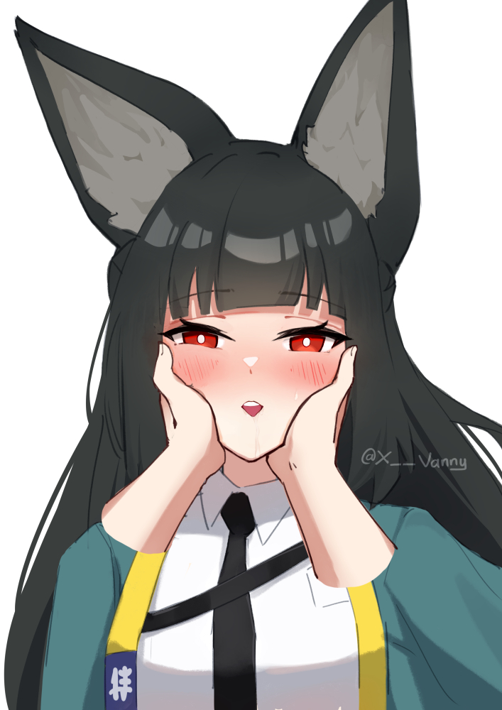 1girl, 1other, animal_ear_fluff, animal_ears, artist_name, black_hair, black_necktie, blunt_bangs