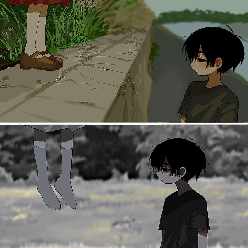 1boy, 1girl, black_eyes, black_hair, black_shirt, brother_and_sister, highres, jojo_rabbit