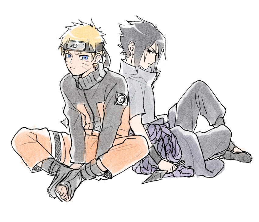 2boys, black_eyes, black_hair, black_pants, blonde_hair, blue_eyes, dagger, forehead_protector