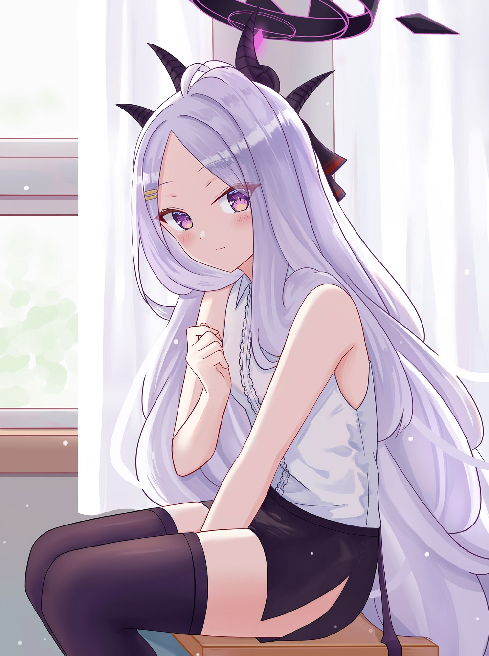 1girl, ahoge, akaya_(pixiv20545353), bare_arms, bare_shoulders, between_legs, black_skirt, blue_archive