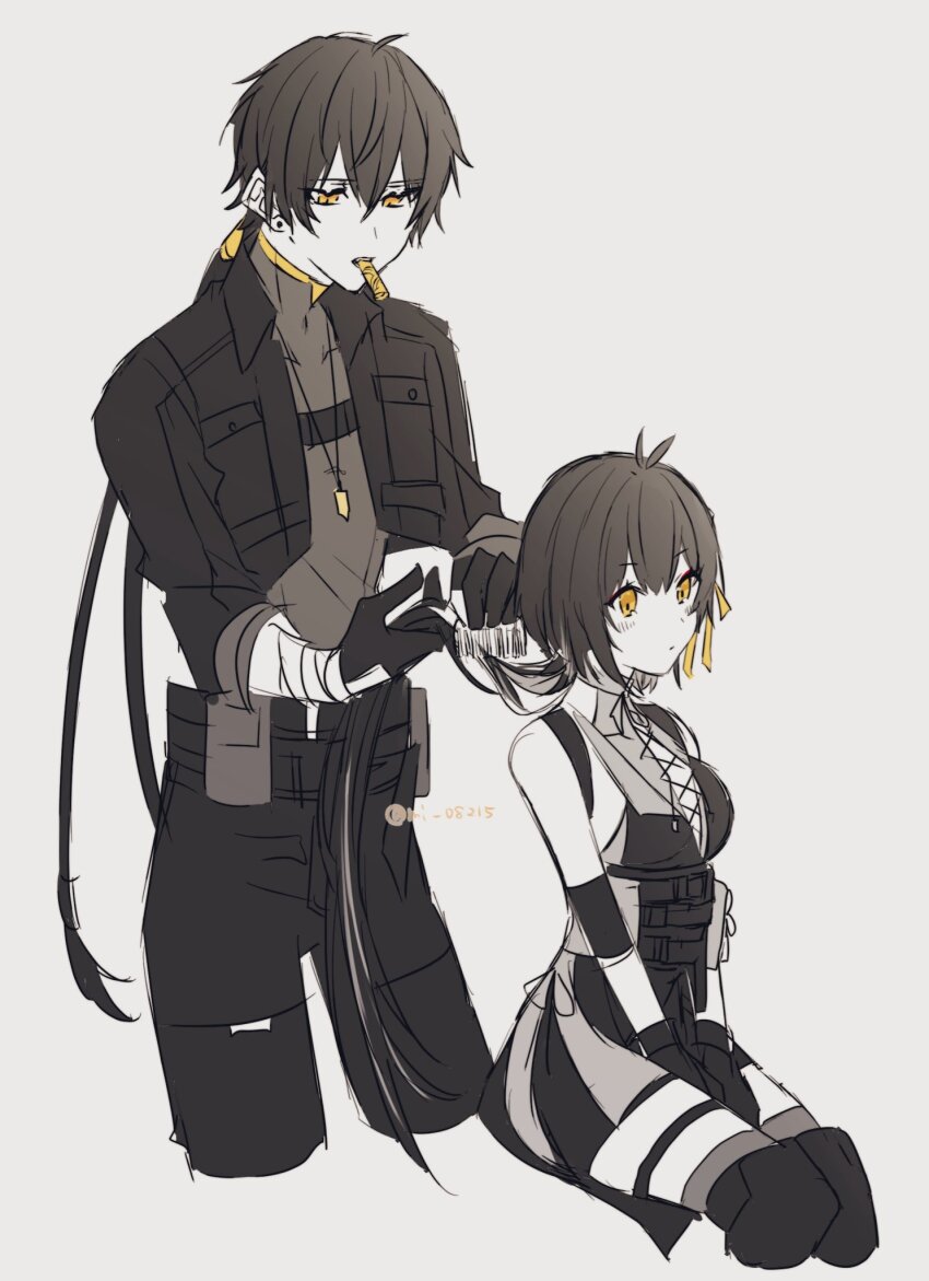 1boy, 1girl, antenna_hair, artist_name, bandaged_arm, bandages, bare_shoulders, black_gloves, black_hair, black_jacket, black_pants, breast_pocket, breasts, brushing_another's_hair, brushing_hair, closed_mouth, cropped_legs, dual_persona, earrings, expressionless, female_rover_(wuthering_waves), gloves, grey_background, hair_brush, hands_on_lap, highres, holding, holding_hair_brush, jacket, jewelry, light_blush, looking_ahead, looking_at_another, looking_down, low_ponytail, male_rover_(wuthering_waves), medium_breasts, mi_08215, mouth_hold, necklace, open_clothes, open_jacket, pants, pocket, ponytail, pouch, rattail, rover_(wuthering_waves), simple_background, sitting, sketch, sleeveless, split_ponytail, standing, stud_earrings, thigh_strap, turtleneck, twitter_username, wuthering_waves, yellow_eyes