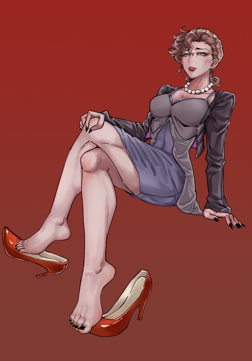 1girl, absurdres, barefoot, blue_eyes, breasts, brown_hair, cleavage, crossed_legs, edke, feet, hand_on_own_knee, highres, identity_v, looking_at_viewer, medium_hair, parted_lips, sangria_(identity_v), shoe_dangle, toes