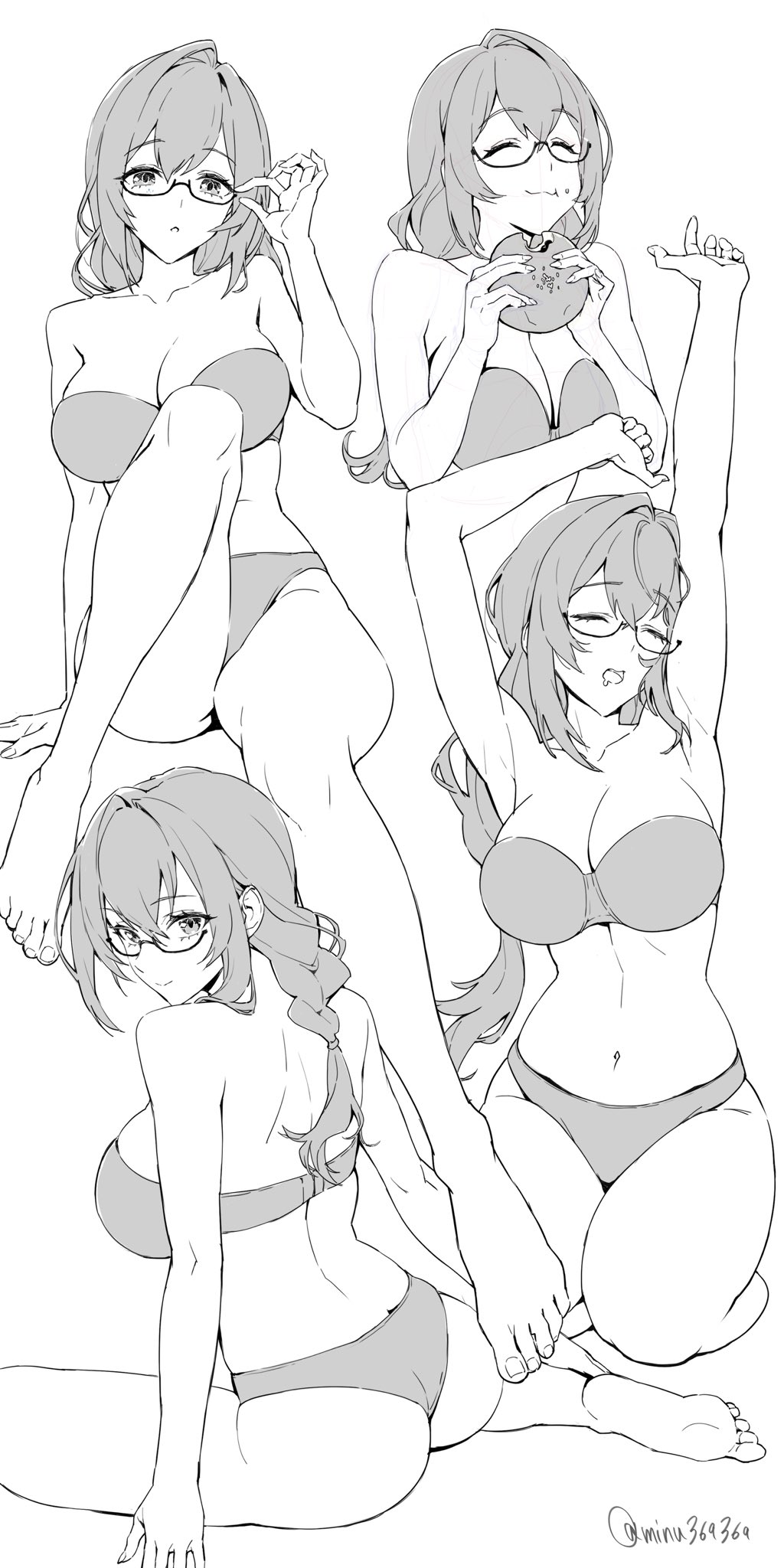 1girl, arms_up, ass, barefoot, bra, breasts, cleavage, closed_eyes