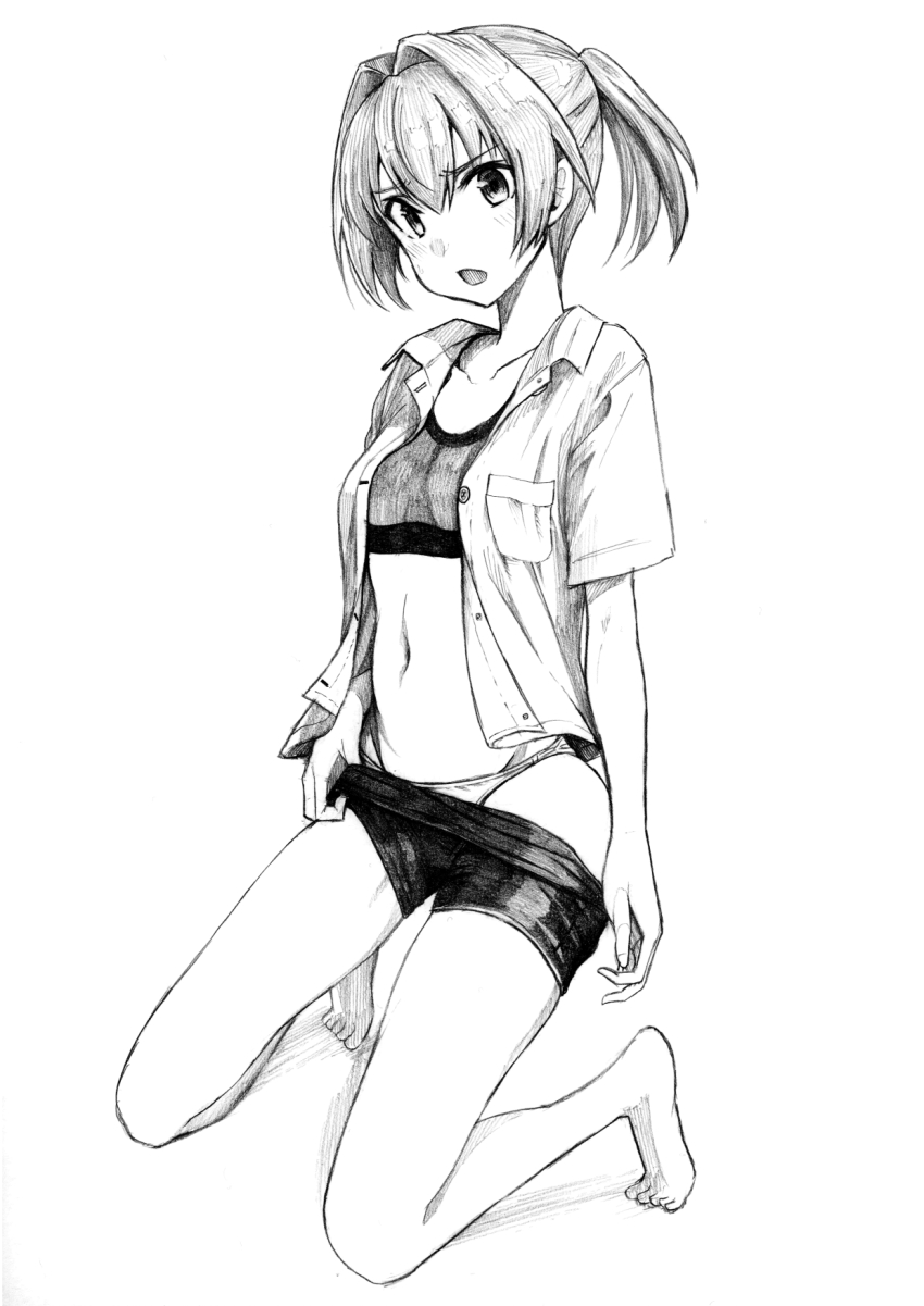 1girl, bare_shoulders, bike_shorts, collared_shirt, full_body, greyscale, hair_intakes, highres