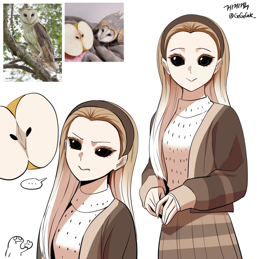 1girl, :>, absurdres, apple, artist_self-insert, barn_owl, bird, black_eyes, brown_cardigan, brown_hair, brown_hairband, brown_skirt, cardigan, closed_mouth, creature_and_personification, food, forehead, fruit, gegegekman, gradient_hair, hairband, highres, horizontal-striped_skirt, long_hair, multicolored_hair, open_cardigan, open_clothes, original, owl, owl_girl, pale_skin, personification, photo-referenced, photo_inset, pleated_skirt, pointy_ears, skirt, smile, solo, striped_clothes, striped_skirt, sweater, twitter_username, white_hair, white_sweater