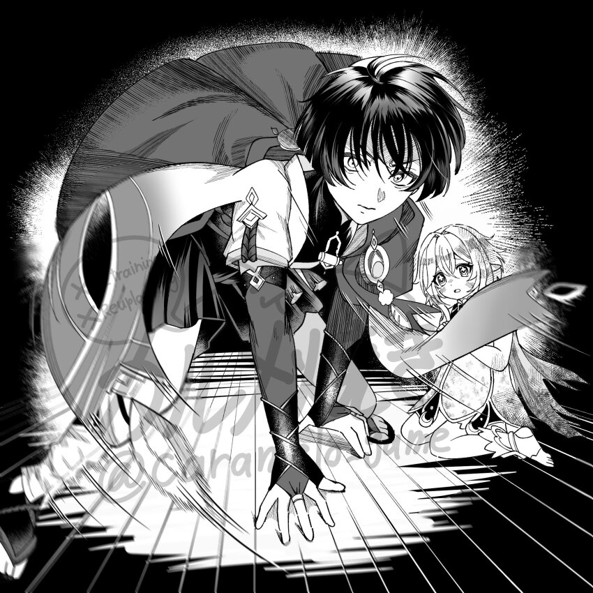 1boy, 1girl, all_fours, alternate_hair_length, alternate_hairstyle, anklet, armor, blunt_ends