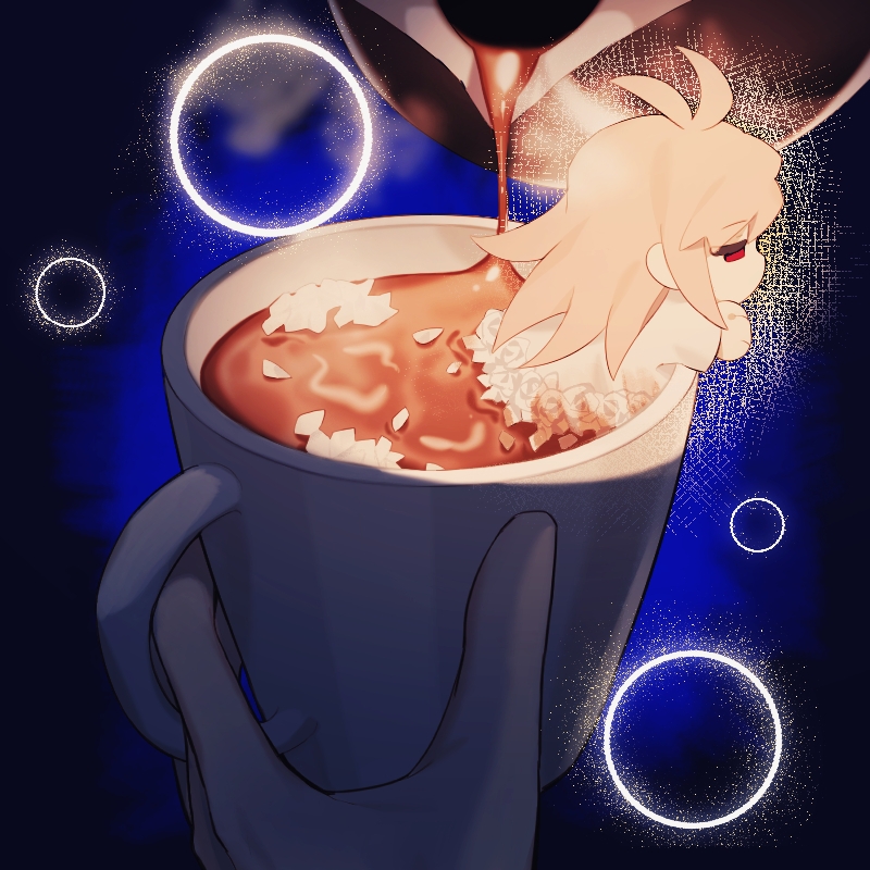1boy, antenna_hair, blue_background, chibi, chinese_commentary, coffee, coffee_pot, commentary_request