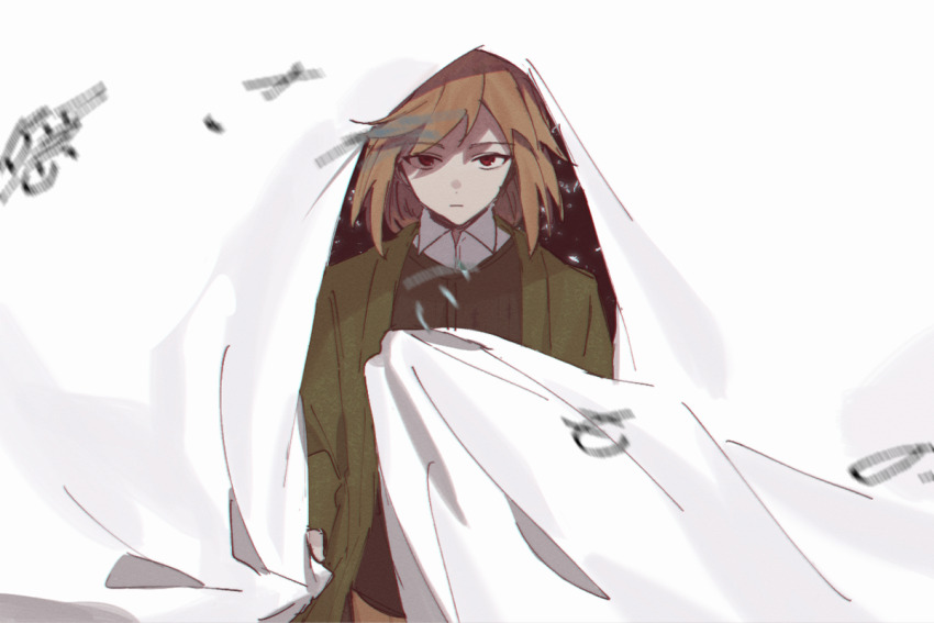 1boy, black_vest, brown_hair, brown_pants, chinese_commentary, cloak, closed_mouth, collared_shirt