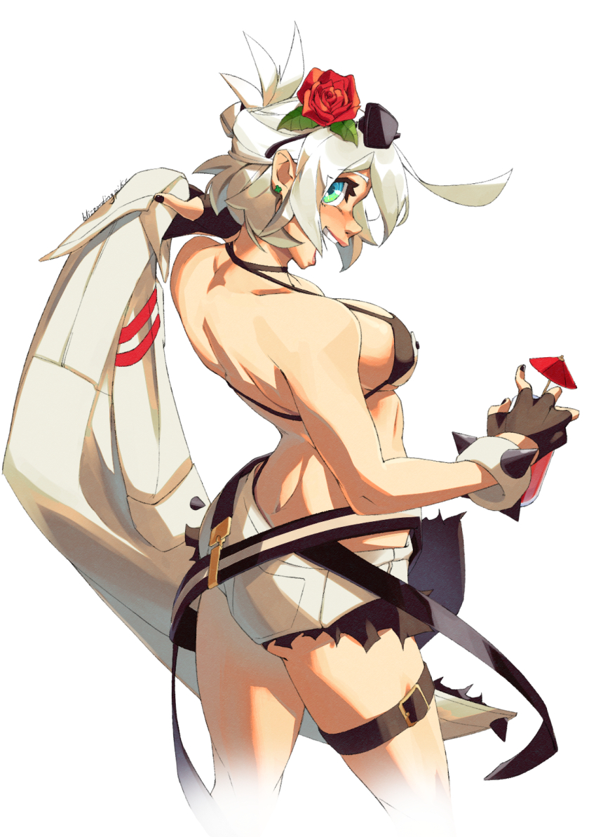 1girl, artist_name, ass, bikini, bikini_top_only, black_bikini, black_gloves, black_nails