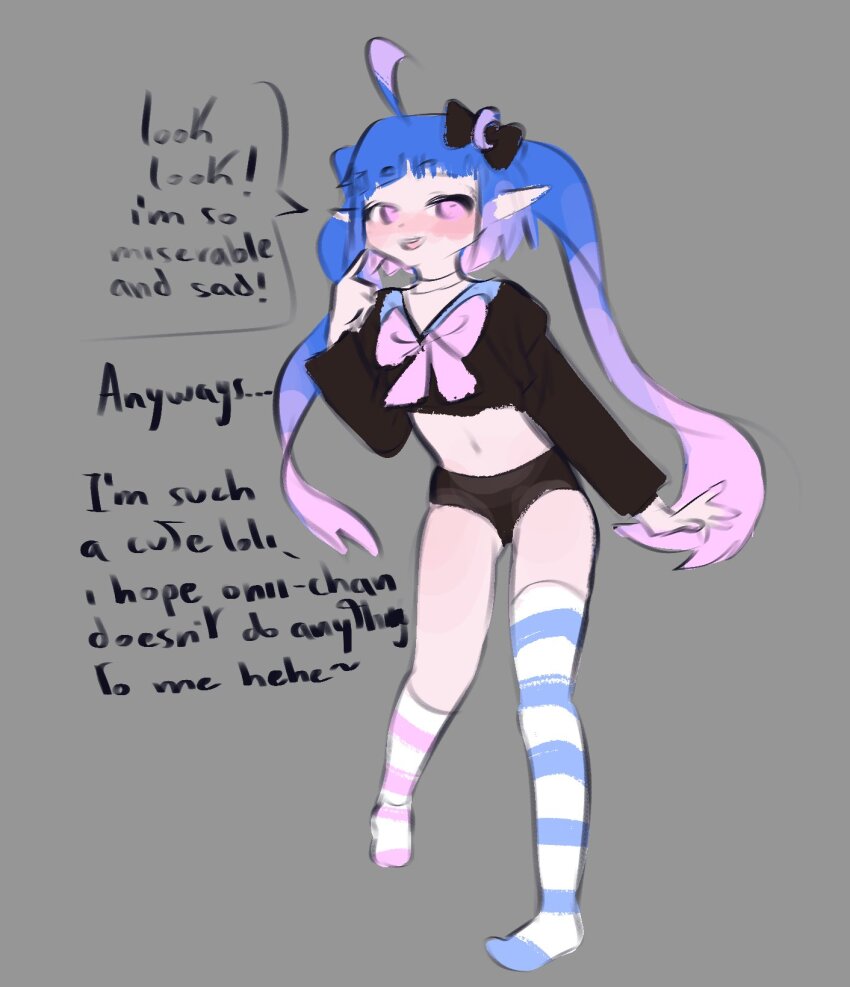 1girl, 2024, ahoge, black_shorts, blue_hair, blue_socks, blush, english_text, grey_background, guarimbasmrd, highres, indie_virtual_youtuber, littlenii, loli, pink_hair, pink_socks, pointy_ears, shorts, socks, solo, speech_bubble, striped_clothes, striped_socks, twintails, virtual_youtuber