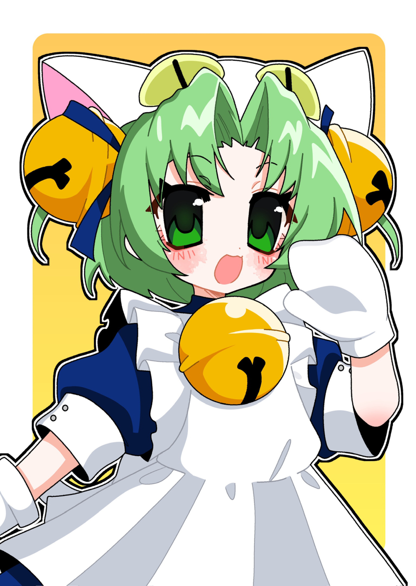 1girl, :3, animal_hands, animal_hat, aoiuna, apron, bell, blush, cat_hat, commentary_request, dejiko, di_gi_charat, dress, gloves, green_eyes, green_hair, hair_bell, hair_ornament, hat, highres, looking_at_viewer, maid, neck_bell, open_mouth, outline, parted_bangs, paw_gloves, short_hair, short_sleeves, smile, solo, two_side_up, white_outline