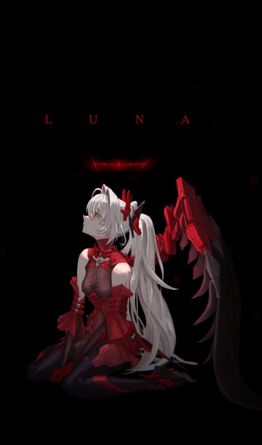 1girl, absurdres, black_background, bodysuit, breasts, character_name, detached_sleeves, elbow_gloves, full_body, gloves, grey_hair, hair_intakes, halo, headgear, highres, kyuz787297571, long_hair, luna:_oblivion_(pgr), luna_(pgr), mechanical_legs, mechanical_wings, punishing:_gray_raven, red_halo, see-through_bodysuit, see-through_clothes, short_sleeves, sidelocks, single_wing, small_breasts, solo, twintails, very_long_hair, wings