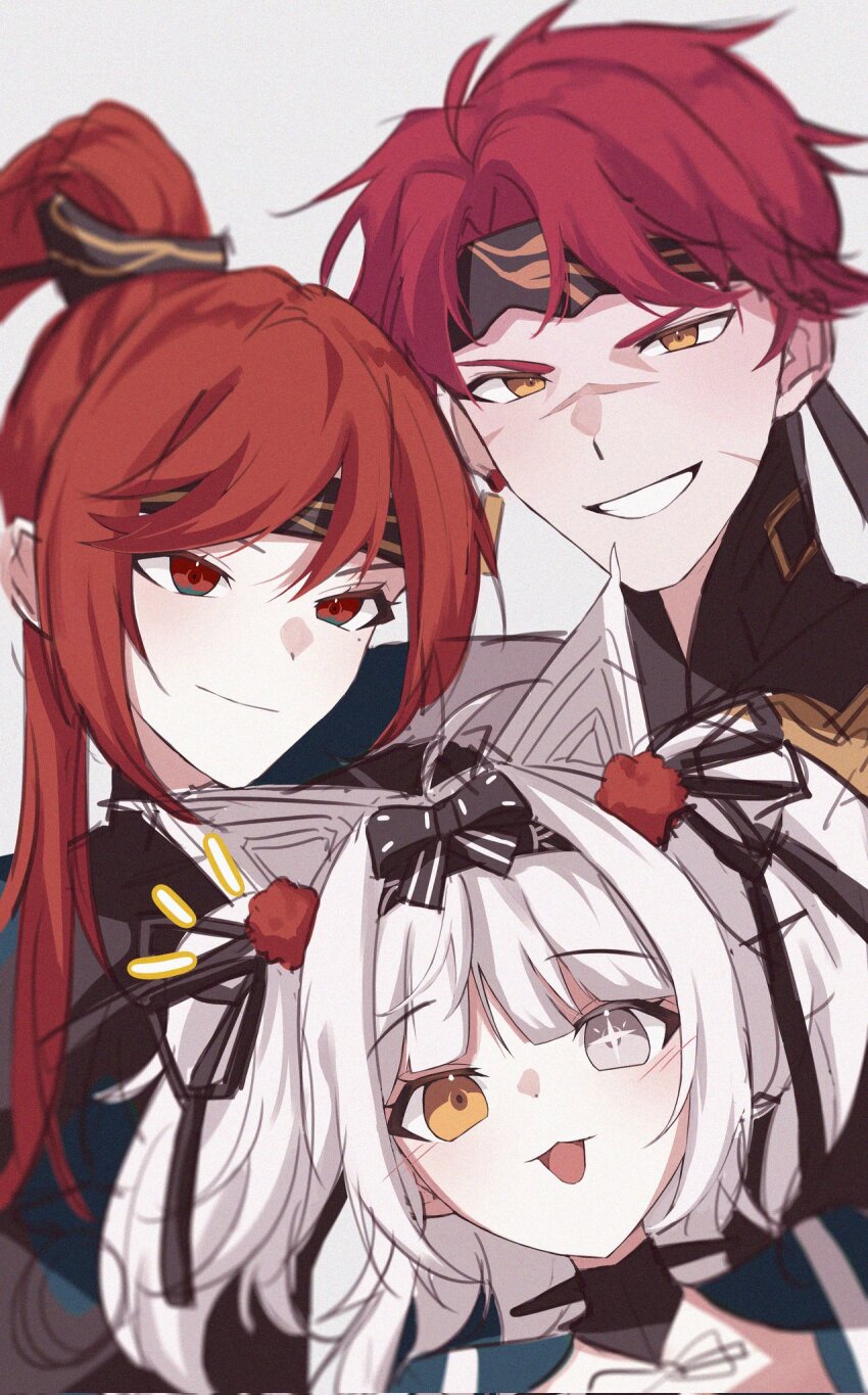 1boy, 2girls, ahoge, animal_ears, black_bow, black_hairband, black_headband, bow