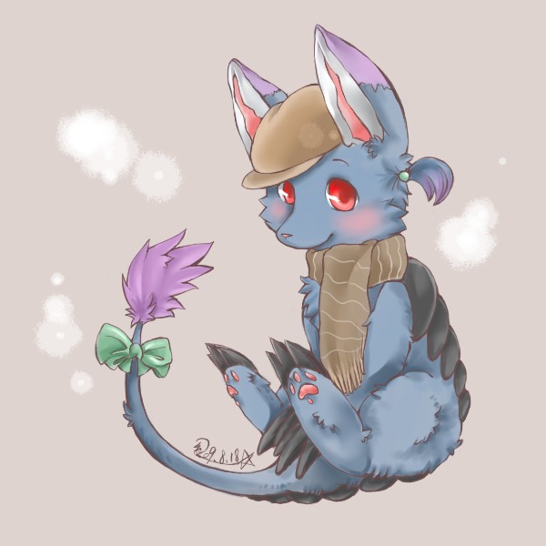 animal_focus, animification, blue_fur, blush, bori_(neopets), bow, brown_hat, brown_scarf, commentary_request, creature, creature_focus, hat, looking_at_viewer, missaka, neopet_(creature), neopets, no_humans, pawpads, ponytail, red_eyes, scarf, short_ponytail, sitting, solo, tail, tail_bow, tail_ornament