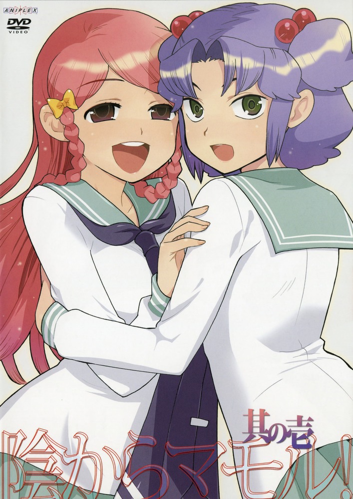 00s, 2girls, blue_hair, brown_eyes, kage_kara_mamoru!, konnyaku_yuuna, long_hair, madara_sai, multiple_girls, non-web_source, official_art, pink_hair, sawagashi_airi, school_uniform, serafuku