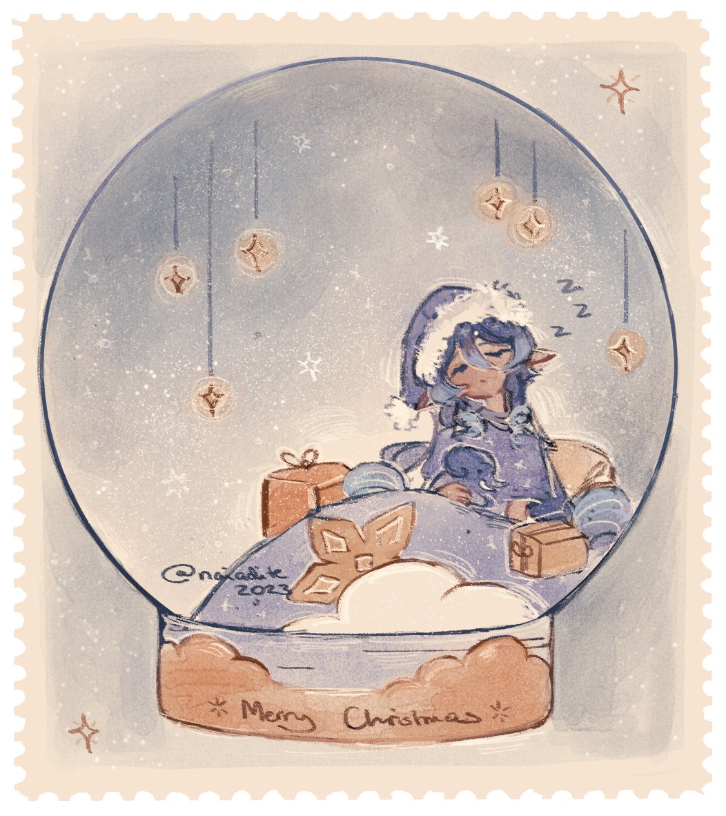 blue_hair, blue_pajamas, border, christmas, closed_eyes, commentary, dated, english_commentary