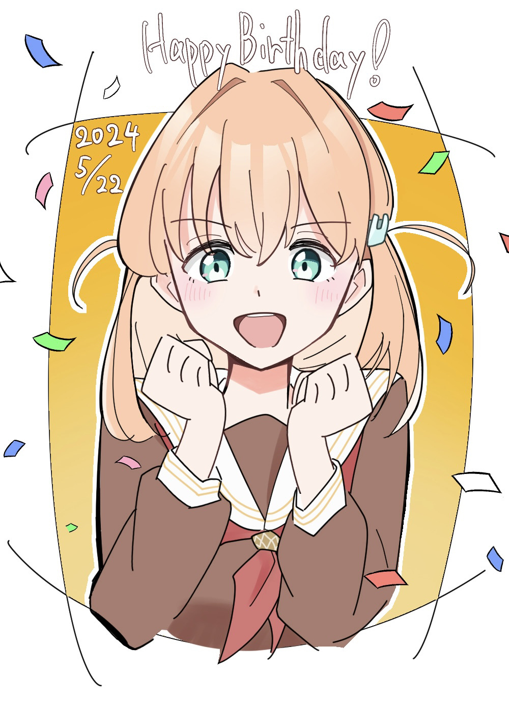 1girl, :d, aqua_eyes, border, brown_dress, clenched_hands, commentary, confetti