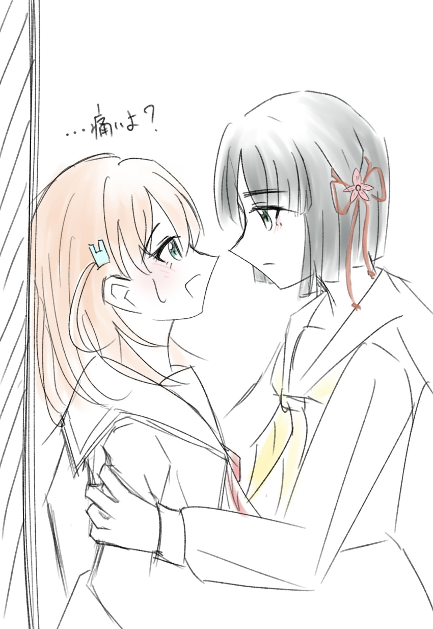 2girls, :d, aqua_eyes, black_hair, blunt_bangs, blunt_ends, closed_mouth, commentary