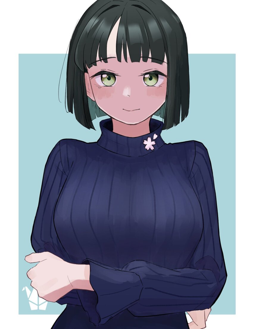 1girl, arms_under_breasts, black_hair, blue_background, blue_sweater, blunt_bangs, blunt_ends, breasts, casual, character_logo, green_eyes, highres, large_breasts, link!_like!_love_live!, long_sleeves, love_live!, mantle_(working_1220), momose_ginko, momose_ginko_(winter_loungewear), official_alternate_costume, ribbed_sweater, short_hair, simple_background, solo, sweater, turtleneck, turtleneck_sweater, upper_body, virtual_youtuber
