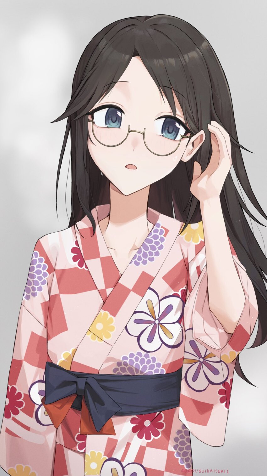 adjusting_hair, artist_name, bath_yukata, black_hair, blue_eyes, deibadoo, floral_print, glasses