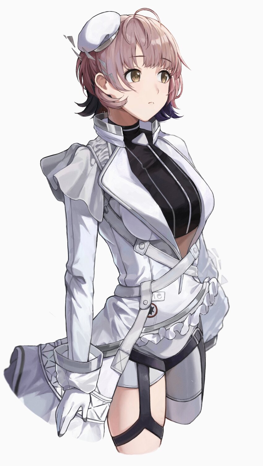 1girl, :<, absurdres, ahoge, asymmetrical_pants, black_shirt, cowboy_shot, deibadoo