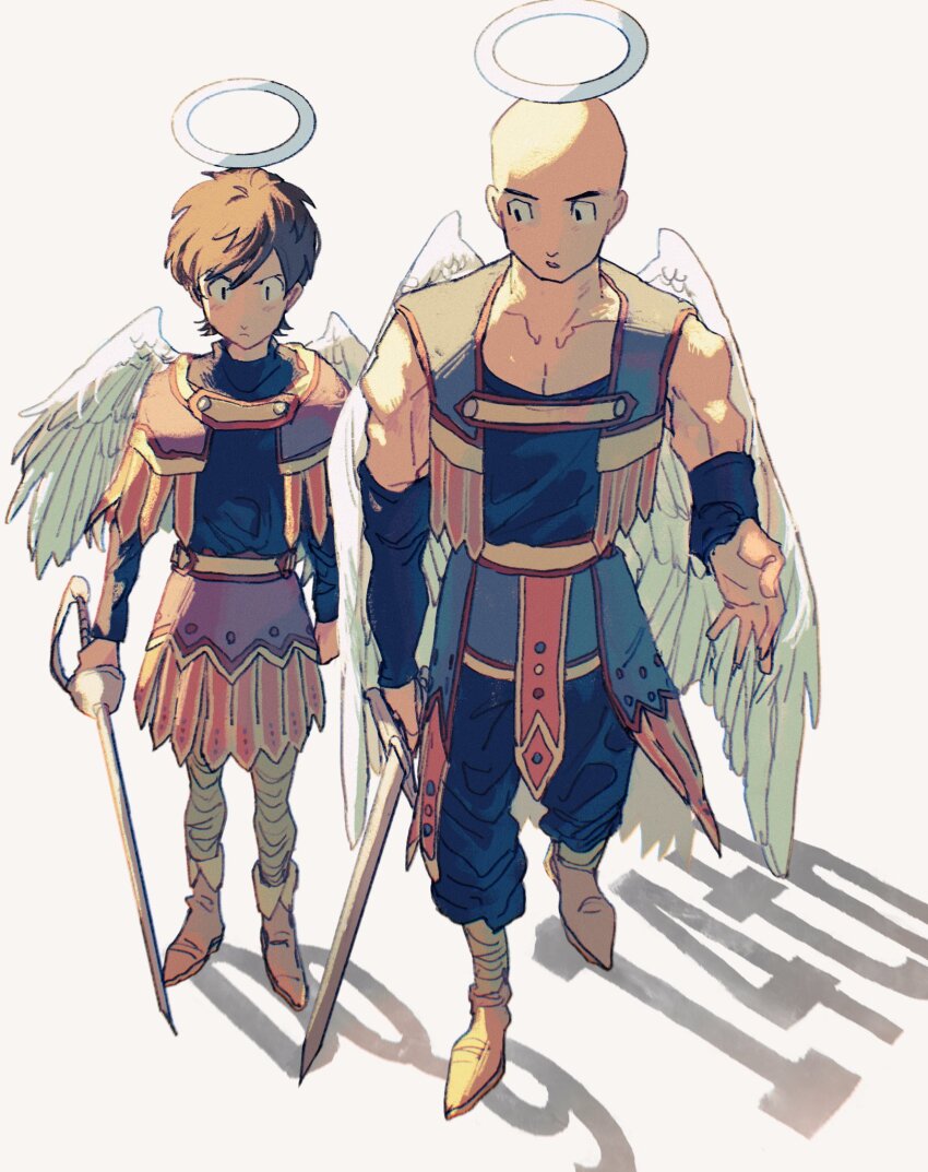 2boys, angel, angel_wings, anniversary, bald, black_eyes, black_shirt, brown_hair