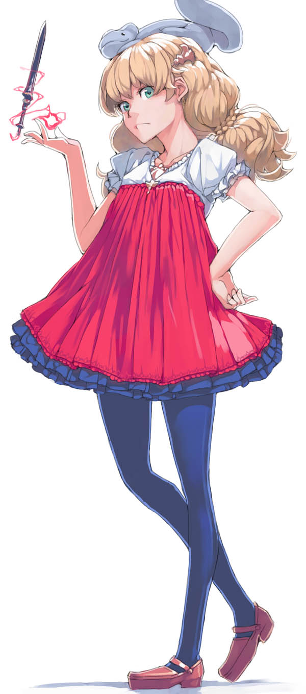 1girl, akinbo_(hyouka_fuyou), another_eden, blonde_hair, closed_mouth, creature, dress, full_body