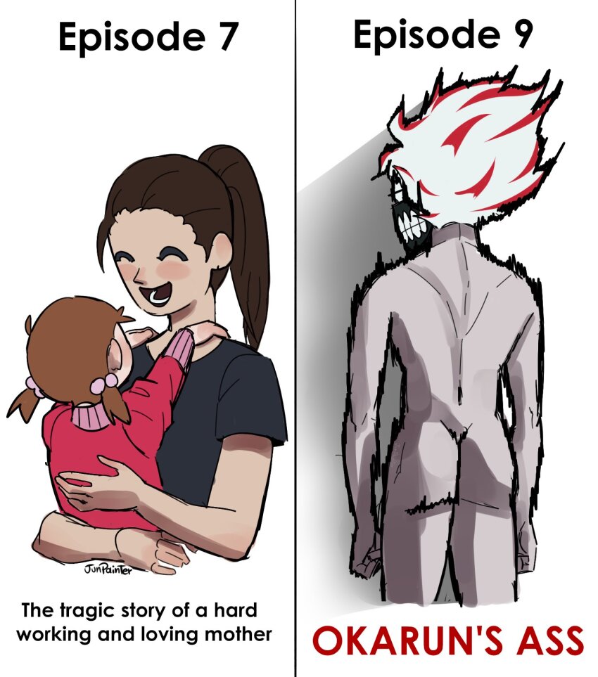 1boy, 2girls, acrobatic_silky's_daughter, acrobatic_silky_(dandadan), alternate_form, child, dandadan, english_text