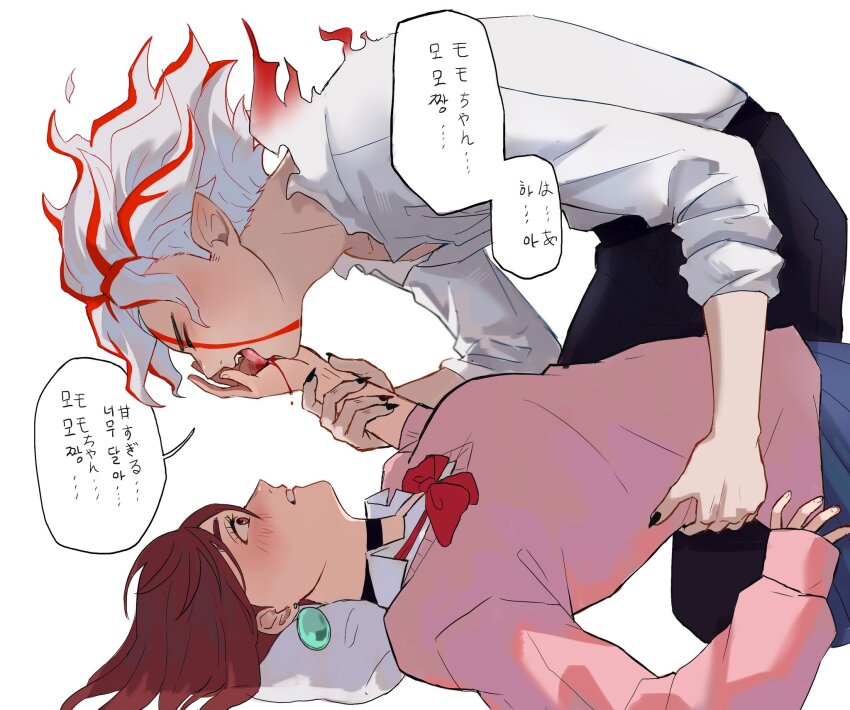 1boy, 1girl, alternate_form, ayase_momo, black_choker, black_nails, black_pants, blood, blood_on_hands, blue_skirt, blush, bow, bowtie, boy_on_top, brown_hair, choker, closed_eyes, collared_shirt, commentary_request, couple, dandadan, earrings, facial_mark, facing_another, feet_out_of_frame, from_side, hand_on_another's_waist, highres, holding_another's_arm, jewelry, kneeling, korean_commentary, korean_text, licking_another's_hand, long_sleeves, looking_at_another, lying, on_back, pants, parted_lips, pink_sweater, profile, red_bow, red_bowtie, shirt, skirt, sleeve_rolled_up, sleeves_past_wrists, speech_bubble, sweater, takakura_ken_(dandadan), takakura_ken_(transformed)_(dandadan), tongue, tongue_out, torn_clothes, torn_shirt, transformation, translation_request, upper_body, white_hair, white_shirt, wolf6481