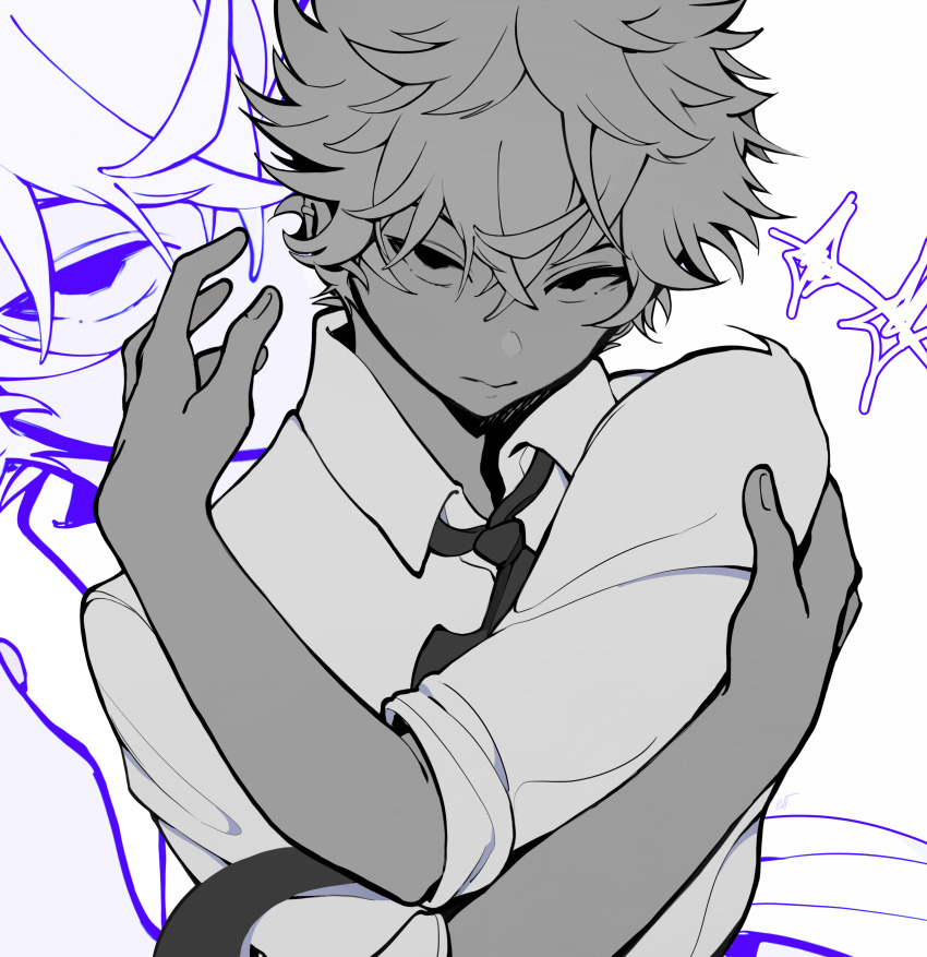 1boy, 2021, absurdres, black_eyes, blue_period, collar, curled_fingers, elt-reslenn