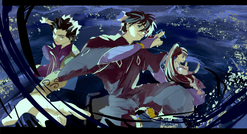 1girl, 2021, 2boys, black_hair, blue_background, brown_hair, dark_background, highres, japanese_clothes, jewelry, kekkaishi, kuji-in, light_smile, multiple_boys, ponytail, shishio_gen, smile, spiked_hair, sumimura_yoshimori, tattoo, uka_ari4, yukimura_tokine