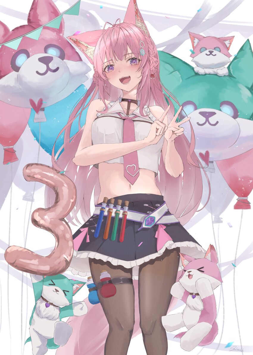 1girl, absurdres, animal_balloon, animal_ear_fluff, animal_ears, antenna_hair, balloon, belt, belt_skirt, birthday, black_choker, blush, braid, braided_bun, chemicals, chiikoyo_(hakui_koyori), choker, collared_shirt, cowboy_shot, familiar, fangs, finger_counting, frilled_skirt, frilled_tank_top, frills, gradient_eyes, hair_bun, hakui_koyori, hakui_koyori_(1st_costume), hexagon_hair_ornament, highres, hololive, kokoro_(hakui_koyori), layered_skirt, long_hair, looking_at_viewer, midriff, milestone_celebration, miniskirt, mire2a, multicolored_eyes, navel, necktie, number_balloon, open_mouth, pantyhose, pink_hair, pleated_skirt, purple_eyes, shirt, side_braids, skirt, solo, tail, tank_top, test_tube, virtual_youtuber, white_tank_top, wolf_ears, wolf_girl, wolf_tail