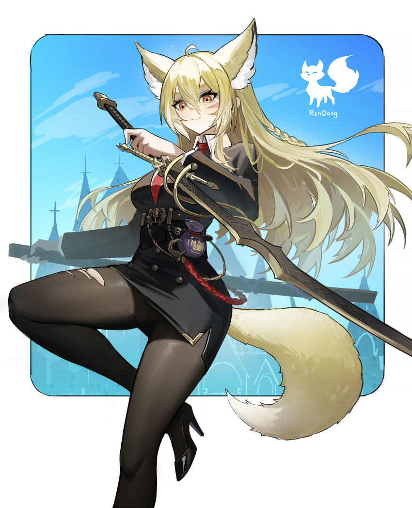 1girl, ahoge, aiceq_(qianchen1999), animal_ears, arknights, artist_name, belt_pouch, black_pantyhose, black_shoes, blonde_hair, border, braid, breasts, castle, cathedral, chain, church, closed_mouth, collared_shirt, extra_ears, facial_mark, floating_hair, fox_ears, fox_girl, fox_tail, hair_between_eyes, high-waist_skirt, high_heels, highres, holding, holding_sheath, holding_weapon, long_hair, military_uniform, necktie, orange_eyes, outdoors, pantyhose, pouch, red_necktie, sheath, shirt, shoes, sidelocks, single_braid, skirt, smile, solo, standing, standing_on_one_leg, tail, torn_clothes, torn_pantyhose, vulpisfoglia_(arknights), weapon, whisker_markings, white_border, white_shirt