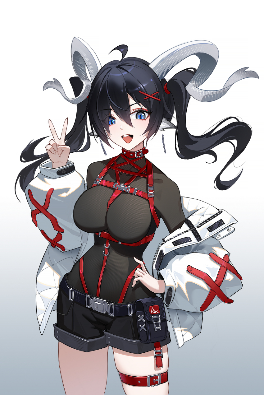 1girl, \||/, absurdres, ahoge, aiceq_(qianchen1999), animal_ears, arknights, belt, belt_collar, black_hair, black_shirt, blue_eyes, breasts, chest_harness, collar, collarbone, commentary_request, covered_navel, cowboy_shot, cross-laced_clothes, double-parted_bangs, earrings, genderswap, genderswap_(mtf), goat_girl, goat_horns, gradient_background, grey_background, hair_ornament, hair_tie, hand_on_own_hip, hand_up, harness, highres, horns, jacket, jewelry, large_breasts, legs_apart, lessing_(arknights), lessing_(ignis_fatuus)_(arknights), long_hair, long_sleeves, looking_at_viewer, micro_shorts, off_shoulder, open_clothes, open_jacket, open_mouth, pouch, puffy_sleeves, shirt, shorts, simple_background, solo, standing, strap, tassel, tassel_earrings, teeth, thigh_strap, tongue, tongue_out, twintails, upper_teeth_only, v, white_background, white_jacket, white_sleeves, x_hair_ornament