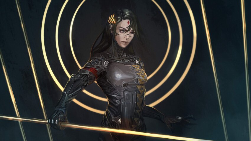 1girl, absurdres, android, black_hair, cyberpunk, dark_background, facial_mark, falke_(signalis)