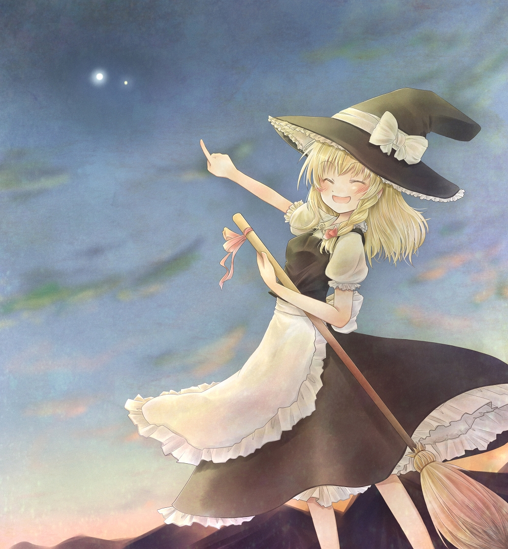 1girl, bad_id, bad_pixiv_id, black_hat, blonde_hair, blush, bow, braid, broom, closed_eyes, female_focus, hair_bow, hat, kirisame_marisa, miyanonnon, night, open_mouth, outdoors, pointing, ribbon, short_hair, sky, smile, solo, star_(symbol), touhou, witch, witch_hat