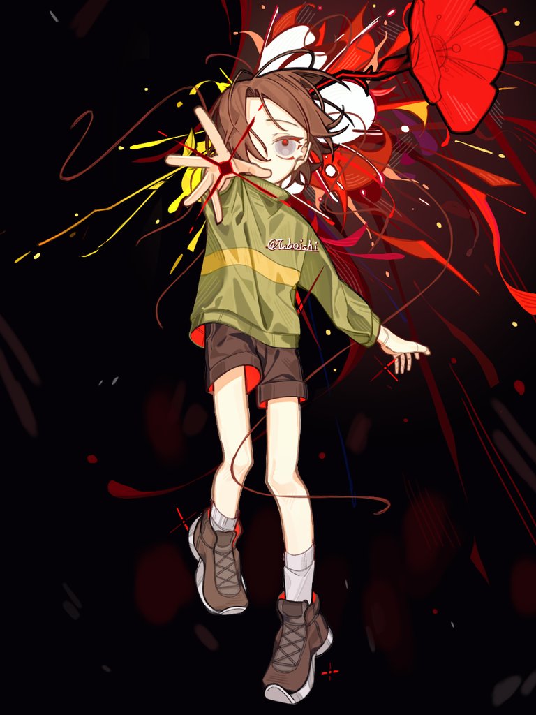 1other, artist_name, black_background, black_shoes, black_shorts, brown_hair, chara_(undertale), commentary, flower, full_body, green_shirt, hair_over_one_eye, hashtag-only_commentary, long_sleeves, mei_(tuboishi), one_eye_covered, other_focus, reaching, reaching_towards_viewer, red_flower, red_pupils, shirt, shoes, short_hair, shorts, sneakers, solo, striped_clothes, striped_shirt, undertale, utdr_(toby_fox)