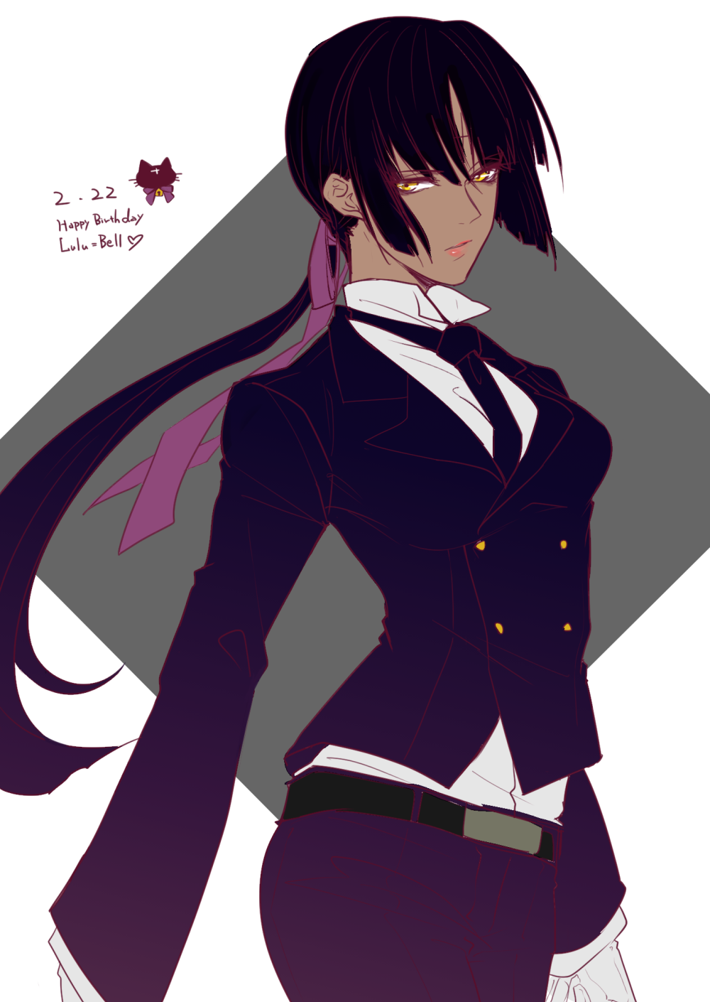 1girl, belt, black_hair, business_suit, buttons, closed_mouth, d.gray-man, dark-skinned_female, dark_skin, dress, dress_shirt, formal_clothes, gloves, hair_between_eyes, hair_ribbon, highres, long_hair, looking_at_viewer, low_ponytail, lulu_bell, mature_female, necktie, pants, pink_lips, ponytail, purple_ribbon, ribbon, seto_satoru, shirt, solo, suit, white_gloves, white_shirt, yellow_eyes