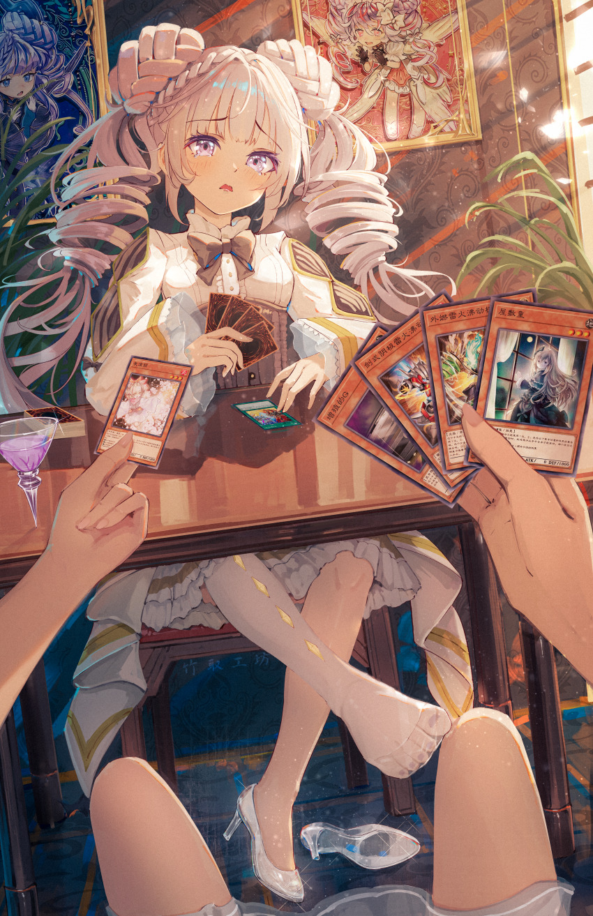 1girl, absurdres, angello_vaalmonica, ash_blossom_&amp;_joyous_spring, card, dimonno_vaalmonica, dress, drill_hair, duel_monster, foot_on_another's_thigh, glass_slipper, highres, holding, holding_card, original, pantyhose, selettrice_vaalmonica, toes, twin_drills, white_dress, white_footwear, white_pantyhose, yu-gi-oh!, zhuqugongfang
