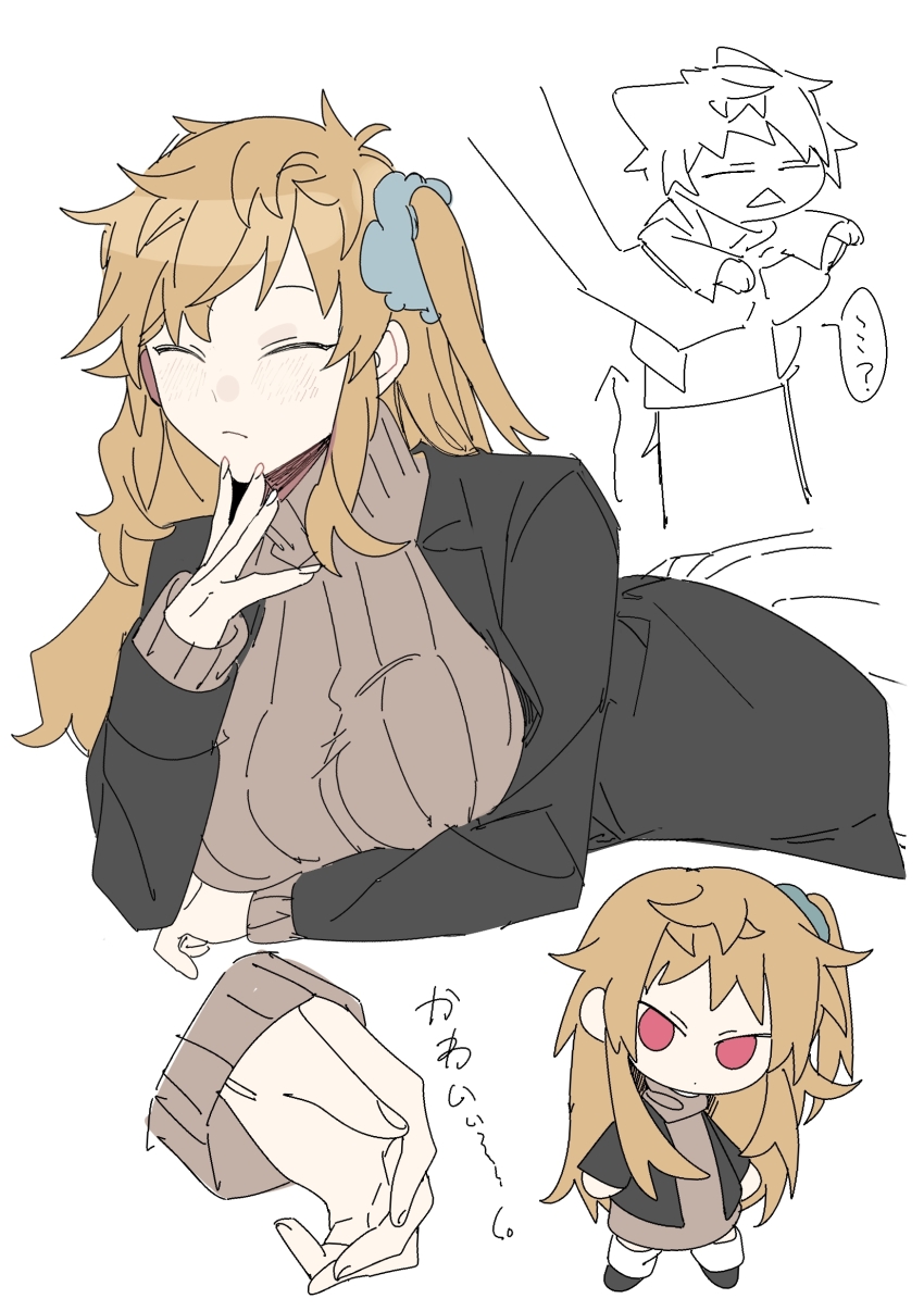 1girl, absurdres, arrow_(symbol), atou_haruki, blonde_hair, blue_scrunchie, breasts, brown_dress, chinese_commentary, closed_eyes, closed_mouth, commentary_request, dress, frown, genderswap, genderswap_(mtf), hair_ornament, hair_scrunchie, hand_on_own_chin, highres, jacket, large_breasts, long_hair, long_sleeves, meebo, multiple_views, one_side_up, open_clothes, open_jacket, ribbed_dress, saibou_shinkyoku, scrunchie, simple_background, translation_request, turtleneck, turtleneck_dress, white_background